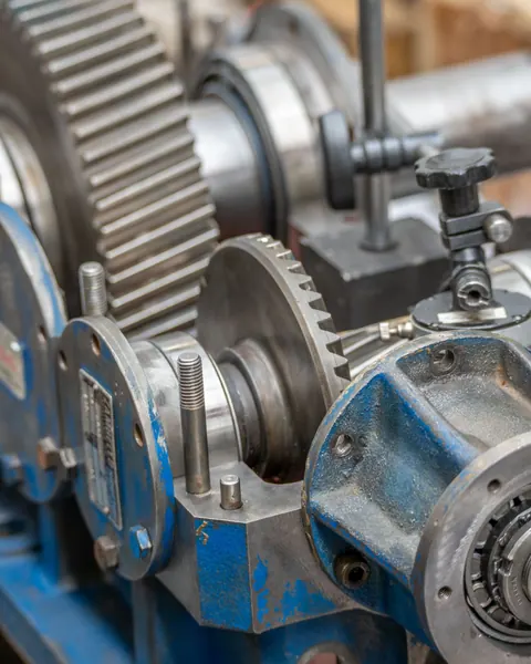Close view of gears and metal components on industrial machinery