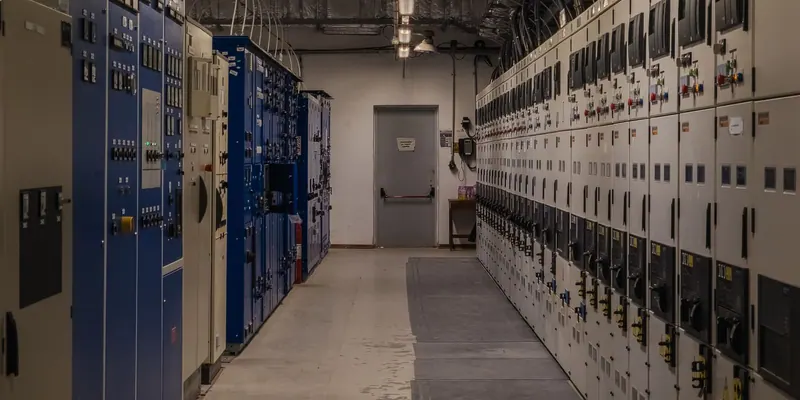Rows of electrical control panels in an industrial room